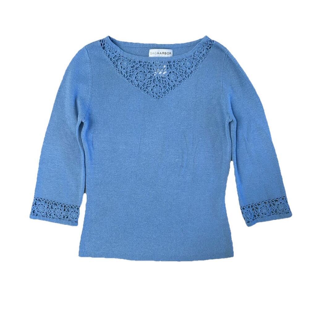 Vintage Sag Harbor Blue Periwinkle Women’s Crochet Floral Top Blouse Size S